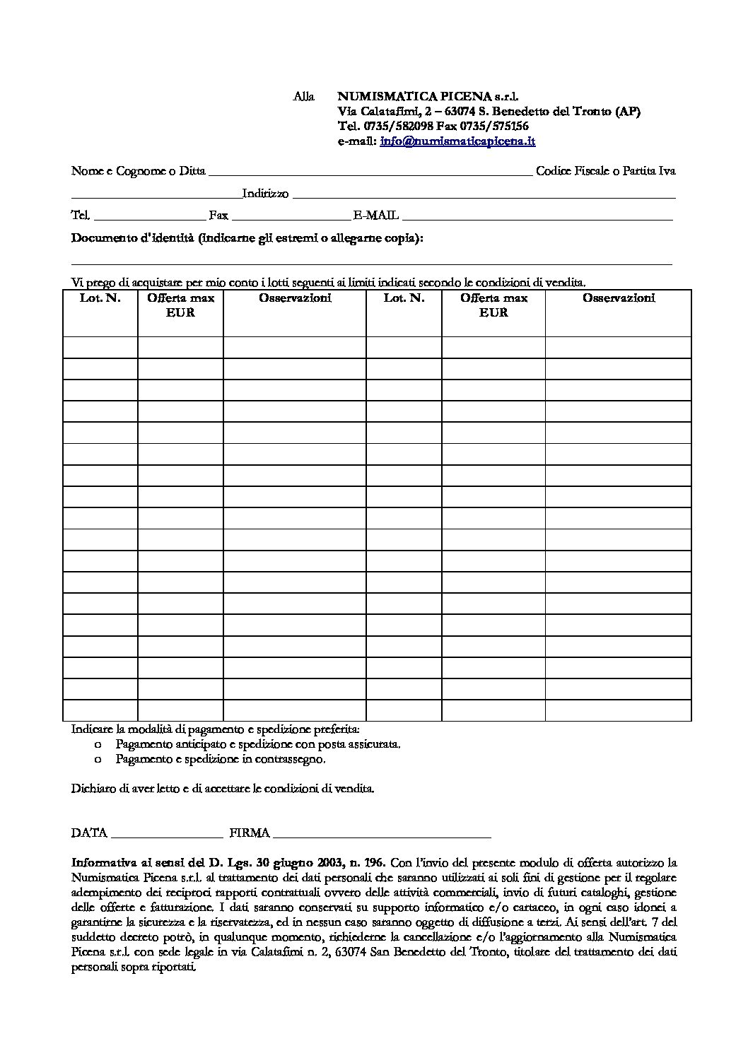 Modulo d’offerta